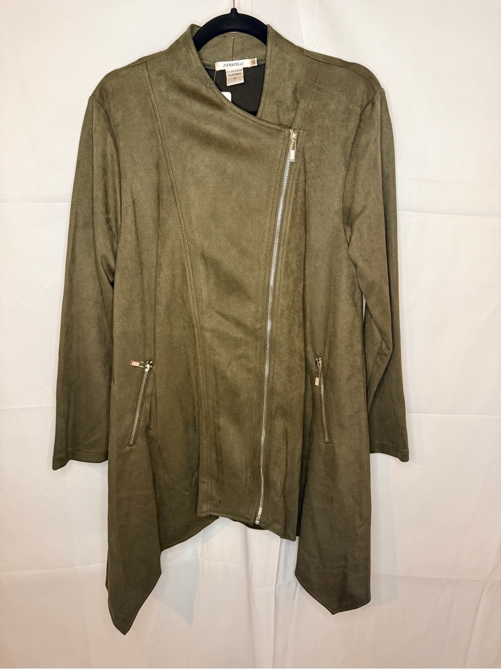 Feratwlli Olive Asymmetrical Zip Faux Suede Jacket
